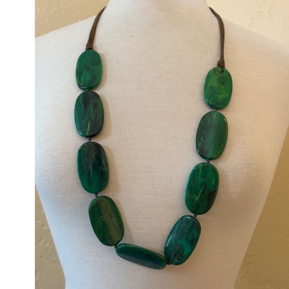 Green Marbled Resin Oval Statement Necklace Brown Cord Lobster Clasp